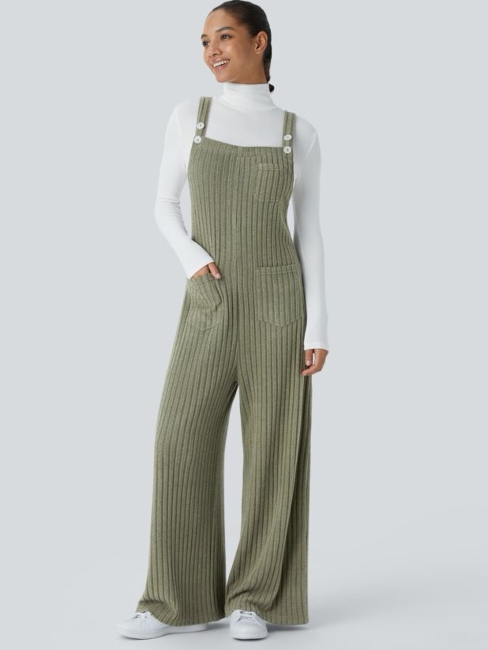 Halara Ladies Ribbed Knit Casual Overalls with Pockets. Medium. Moss Green